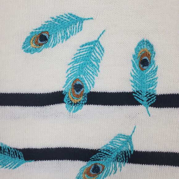 Talbots Knit Sweater Embroidered Peacock Feathers Women XLP Cream Black Stripe - Picture 9 of 9